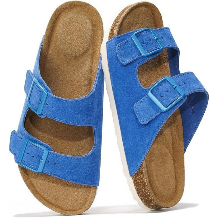 Leather Flat Sandals With Buckle Straps And Textured Outsole