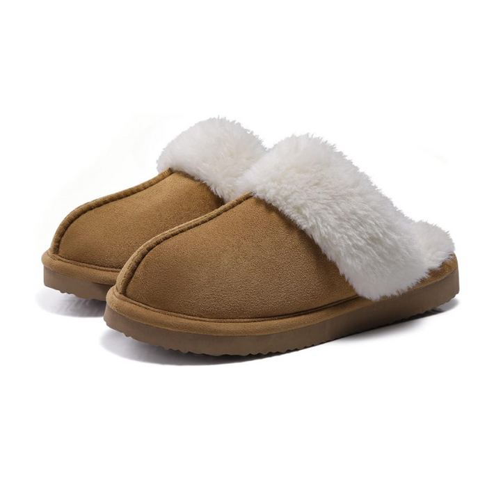 Fuzzy Pull On Slippers With Memory Foam And Faux Fur Lining
