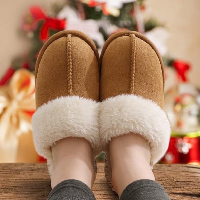 Fuzzy Pull On Slippers With Memory Foam And Faux Fur Lining