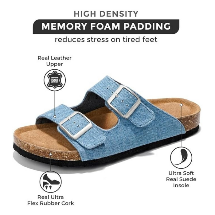 Leather Buckle Slides With Cork Footbed And Adjustable Straps
