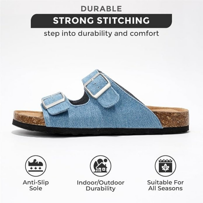 Leather Buckle Slides With Cork Footbed And Adjustable Straps