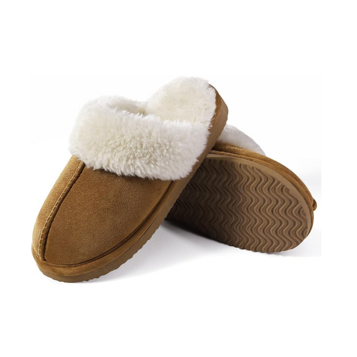 Fuzzy Pull On Slippers With Memory Foam And Faux Fur Lining
