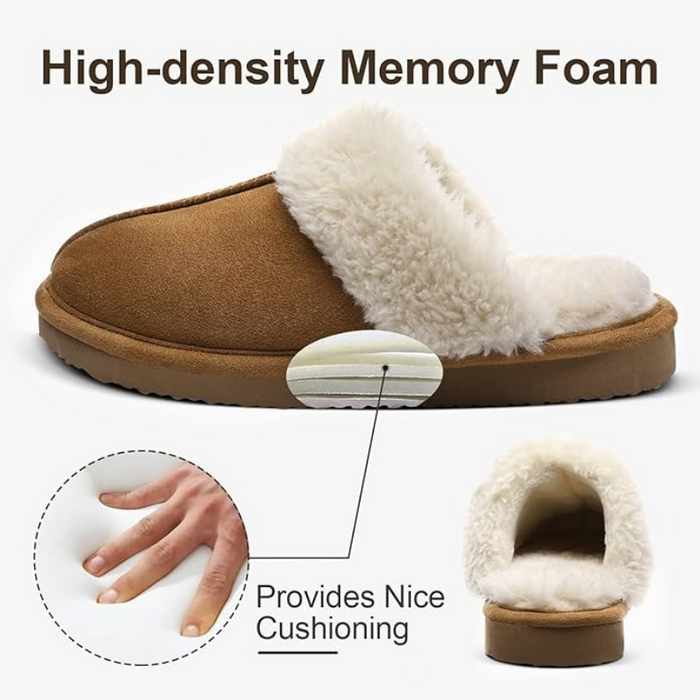 Fuzzy Pull On Slippers With Memory Foam And Faux Fur Lining