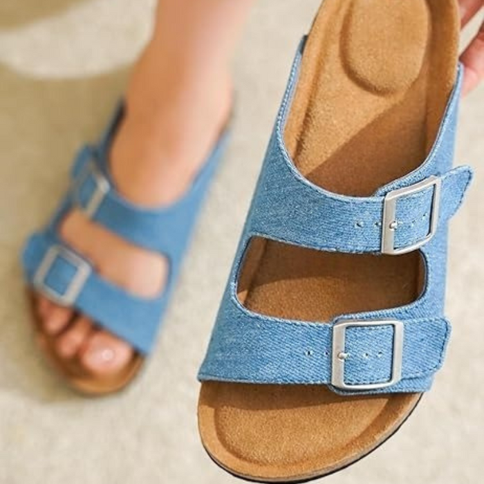 Leather Buckle Slides With Cork Footbed And Adjustable Straps