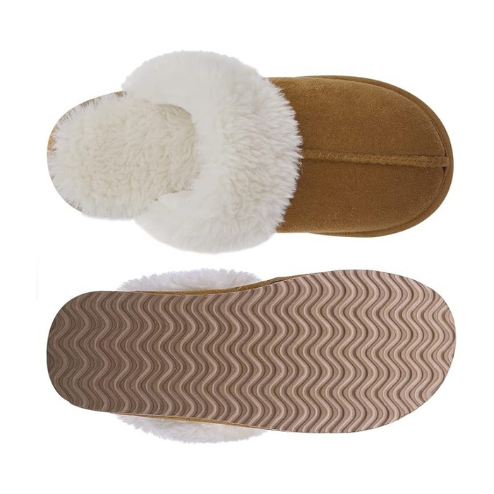 Fuzzy Pull On Slippers With Memory Foam And Faux Fur Lining