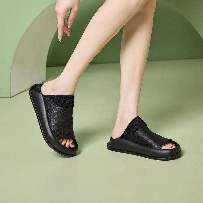 Comfortable And Soft Leather Platform Slippers