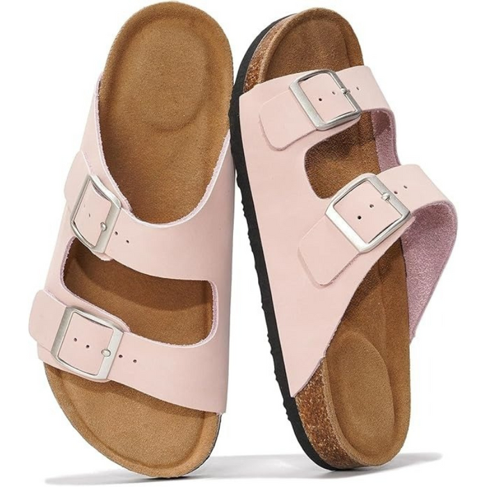 Leather Buckle Slides With Cork Footbed And Adjustable Straps