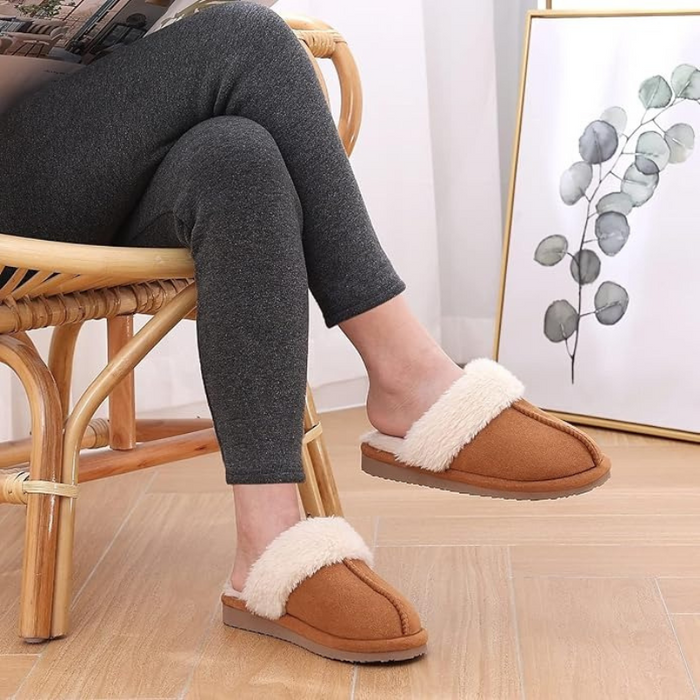 Fuzzy Pull On Slippers With Memory Foam And Faux Fur Lining