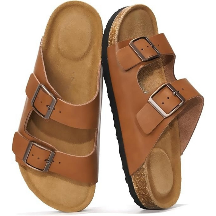 Leather Buckle Slides With Cork Footbed And Adjustable Straps