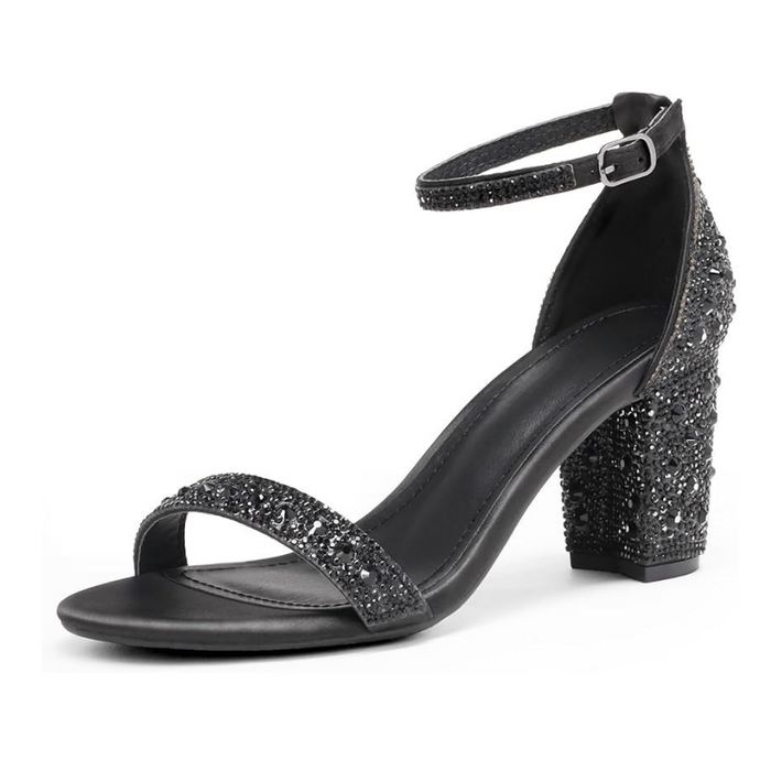 Rhinestone Chunky Low Pump Sandals With Adjustable Buckle