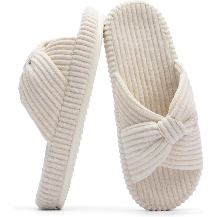 Comfy Corduroy Bow Crossbands Slip On Slippers