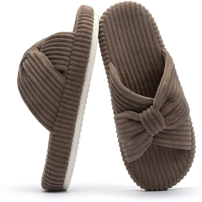 Comfy Corduroy Bow Crossbands Slip On Slippers